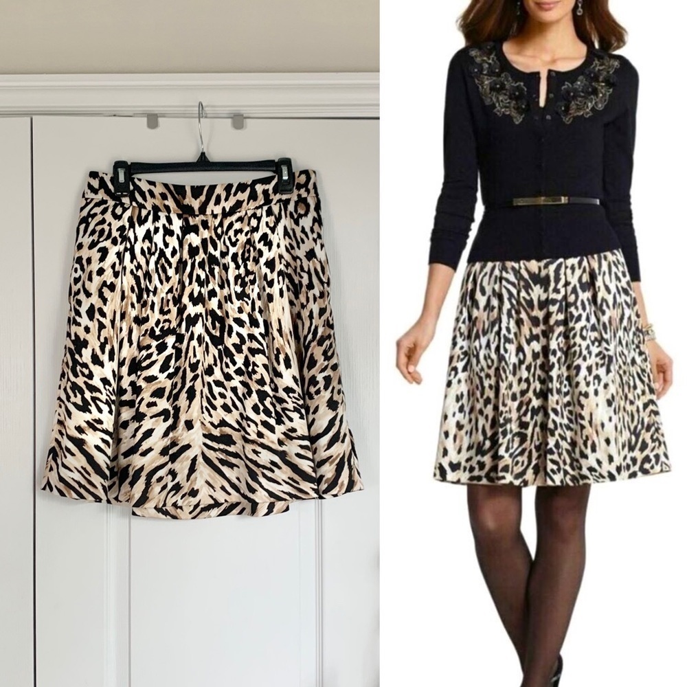 White House Black Market Leopard Skirt Womens 8 Sateen Fit Flare Animal Print